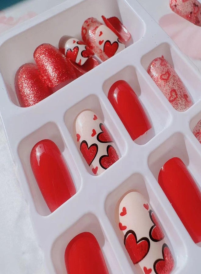YKZFUI 24Pcs Valentine's Day Nails Press on Nails Short French Tip Press on Nails with Red Heart Sparkly Design Square False Nails Valentine's Fake Nails Glitter Glue on Nails Heart Love Manicure for Women - Image 5